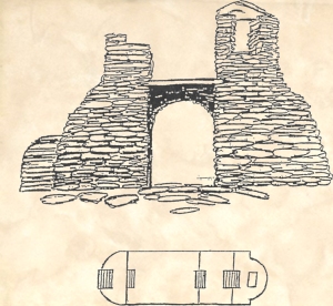 Grundplanen för den uppbyggda ruinen på Labbra överensstämmer med grundplanen för en romansk kyrka med kor och altare i öster och torn i väster. (Skiss av Lars Gahrn.)