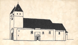 Kyrkan i Vä i Skåne såg ut ungefär så här vid mitten av 1100-talet. Den hade två (nedtill sammanbyggda) torn i väster och en halvrund absid i öster. Dess grundplan liknade kyrkoruinens.